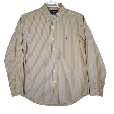 Ralph Lauren Shirt Mens Large Tan Striped Button Down Long Sleeve Custom Fit - Image 1