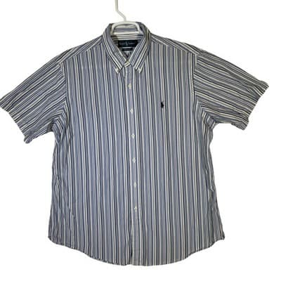 Ralph Lauren Shirt Mens XL Blue Striped Button Down Custom Fit Short Sleeve Pony - Image 1