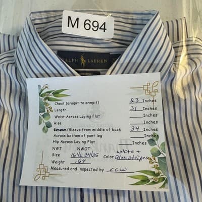 Ralph Lauren Shirt Mens 16.5 34/35 White Blue Stripe Non Iron Button Down Pony - Thumbnail 16