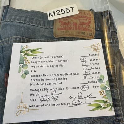 Levis 505 Jeans Mens 36x32 Blue Medium Wash Denim Baggy Fit Whiskered Good - Thumbnail 10