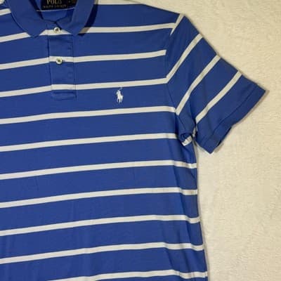 Polo Ralph Lauren Polo Shirt Mens Medium Blue White Striped Embroidered Pony - Thumbnail 5