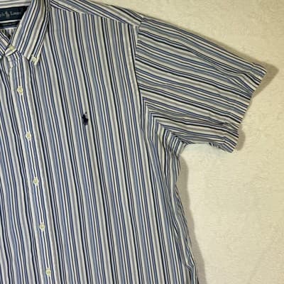 Ralph Lauren Shirt Mens XL Blue Striped Button Down Custom Fit Short Sleeve Pony - Thumbnail 5