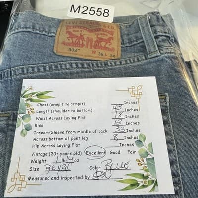 Levis 502 Jeans Mens 36x34 Blue Whiskered Taper Fit Stretch Denim Pants Modern - Thumbnail 9