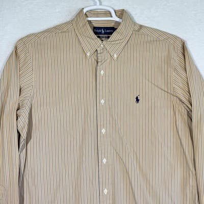 Ralph Lauren Shirt Mens Large Tan Striped Button Down Long Sleeve Custom Fit - Thumbnail 4