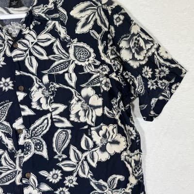 Polo Jeans Co Ralph Lauren Shirt Mens Medium Black White Hawaiian Rayon Floral - Thumbnail 5