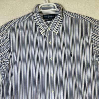 Ralph Lauren Shirt Mens XL Blue Striped Button Down Custom Fit Short Sleeve Pony - Thumbnail 4