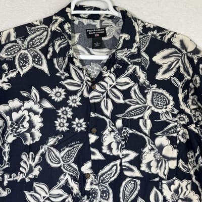 Polo Jeans Co Ralph Lauren Shirt Mens Medium Black White Hawaiian Rayon Floral - Thumbnail 4
