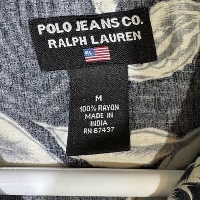 Polo Jeans Co Ralph Lauren Shirt Mens Medium Black White Hawaiian Rayon Floral - Thumbnail 7