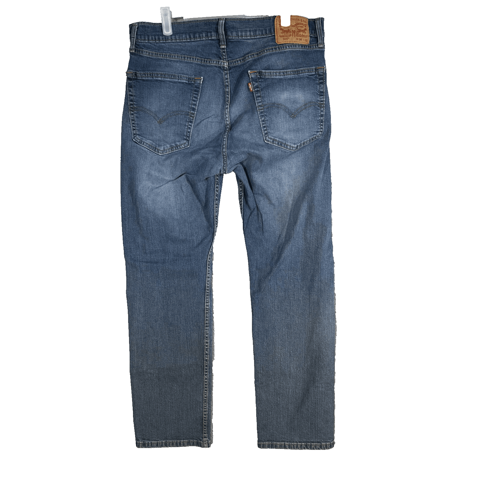 Levis 505 Jeans Mens 36x32 Blue Medium Wash Denim Baggy Fit Whiskered Good - Thumbnail 2