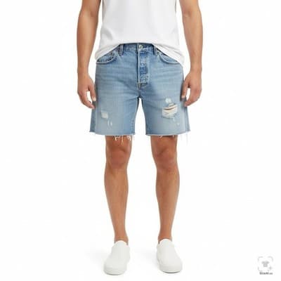 Levis 501 Premium Shorts Mens 32 Blue Distressed Cutoff Raw Hem Denim Button Fly - Thumbnail 3