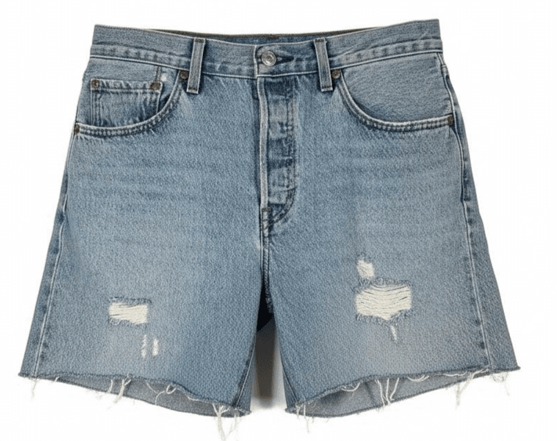 Levis 501 Premium Shorts Mens 32 Blue Distressed Cutoff Raw Hem Denim Button Fly - Image 1