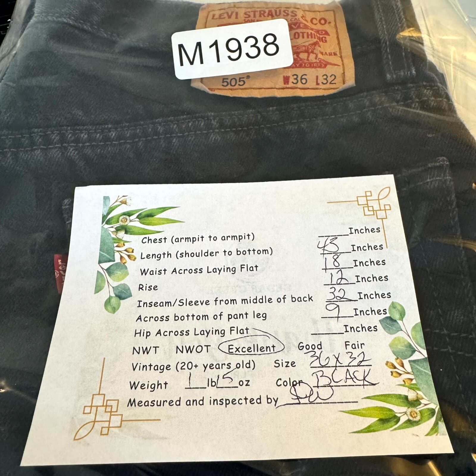 Levi’s 505 Men’s Jeans 36x32 Black Denim Regular Fit Mid-Rise Straight Zip Fly - Thumbnail 7