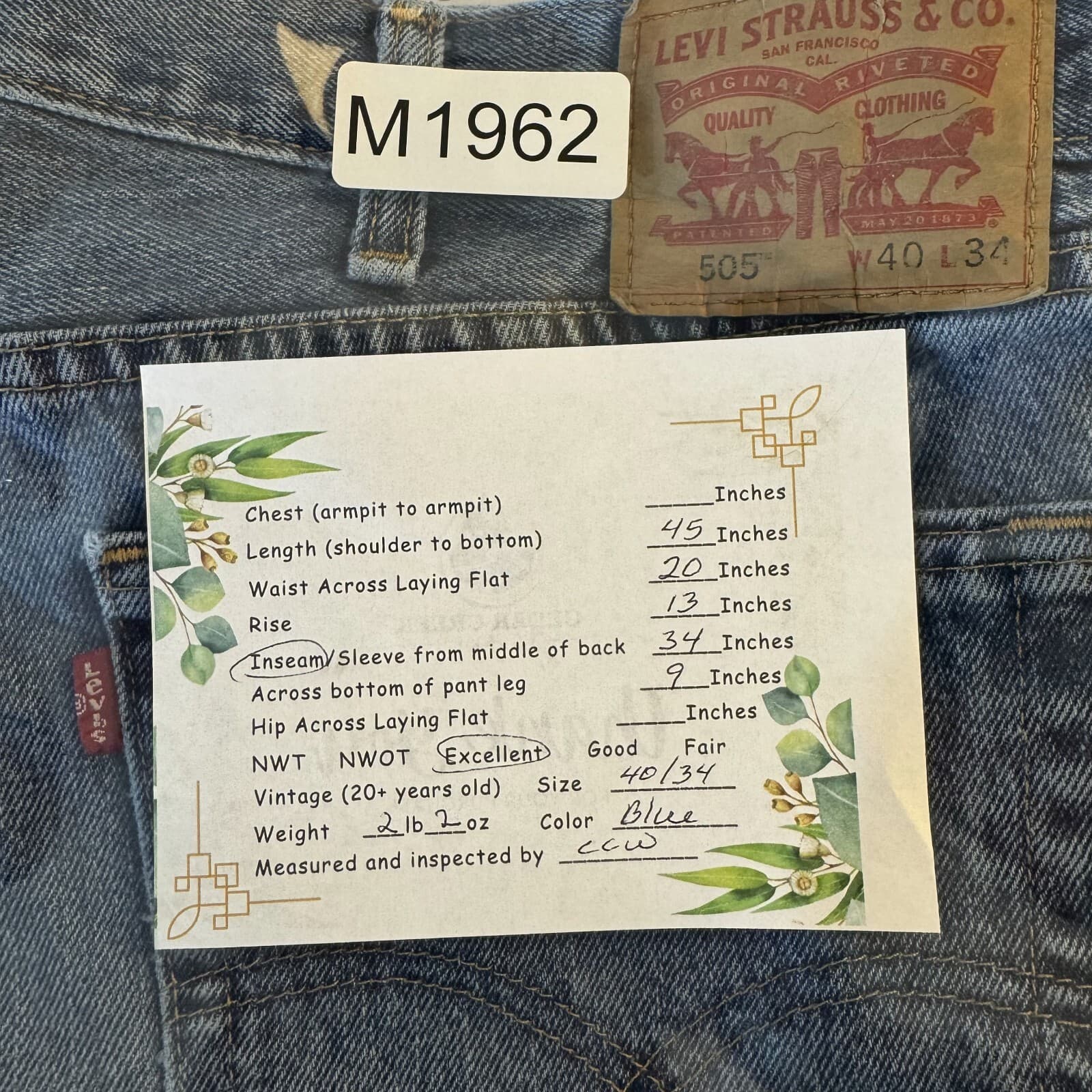 Levi’s 505 Men’s Jeans 40x34 Blue Denim Regular Fit High-Rise Straight Zip Fly - Thumbnail 7