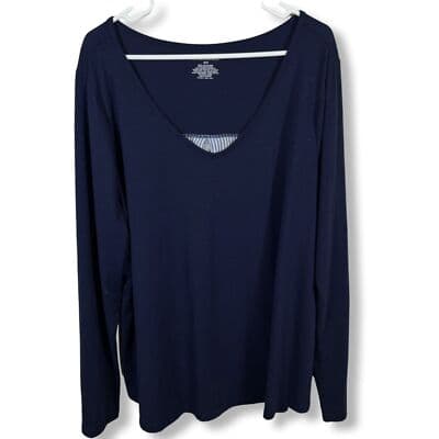 Lane Bryant Plus Navy Striped V-Neck Long Sleeve Blouse, Size 18 – Excellent - Image 1
