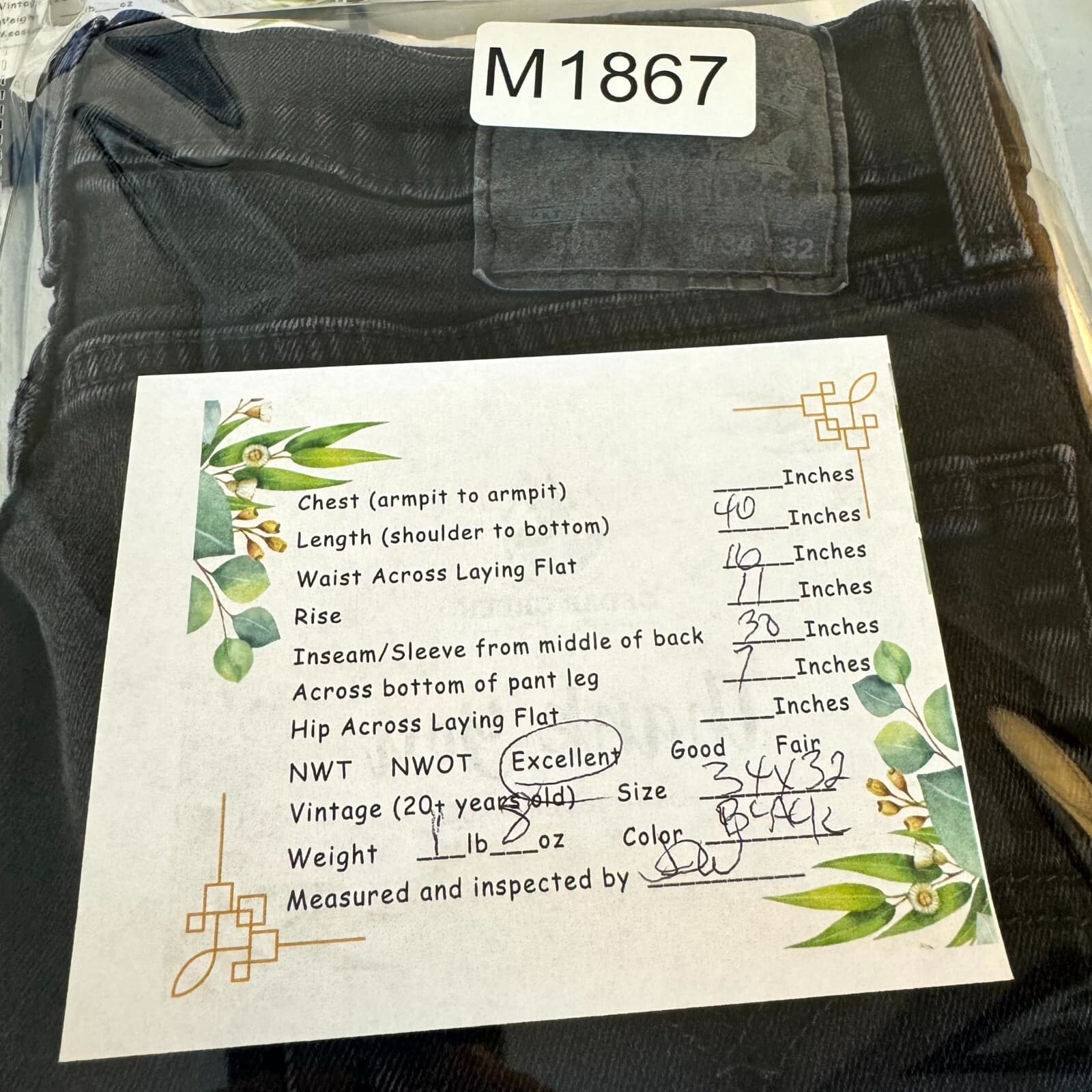 Levi's 505 Men's Jeans 34x32 Black Denim Dark Wash Regular Fit Zip Fly - Thumbnail 8