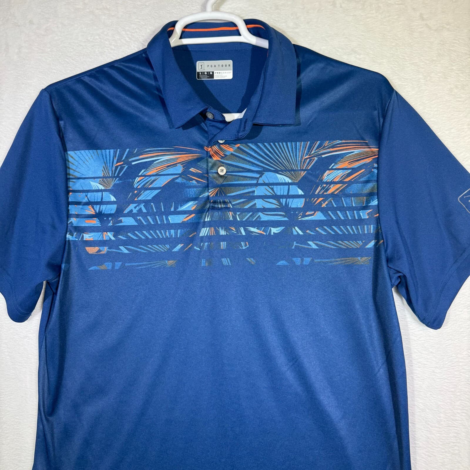 PGA Tour Men’s Polo Shirt L Blue Palm Graphic Athletic Fit Golf Polyester M333 - Thumbnail 5