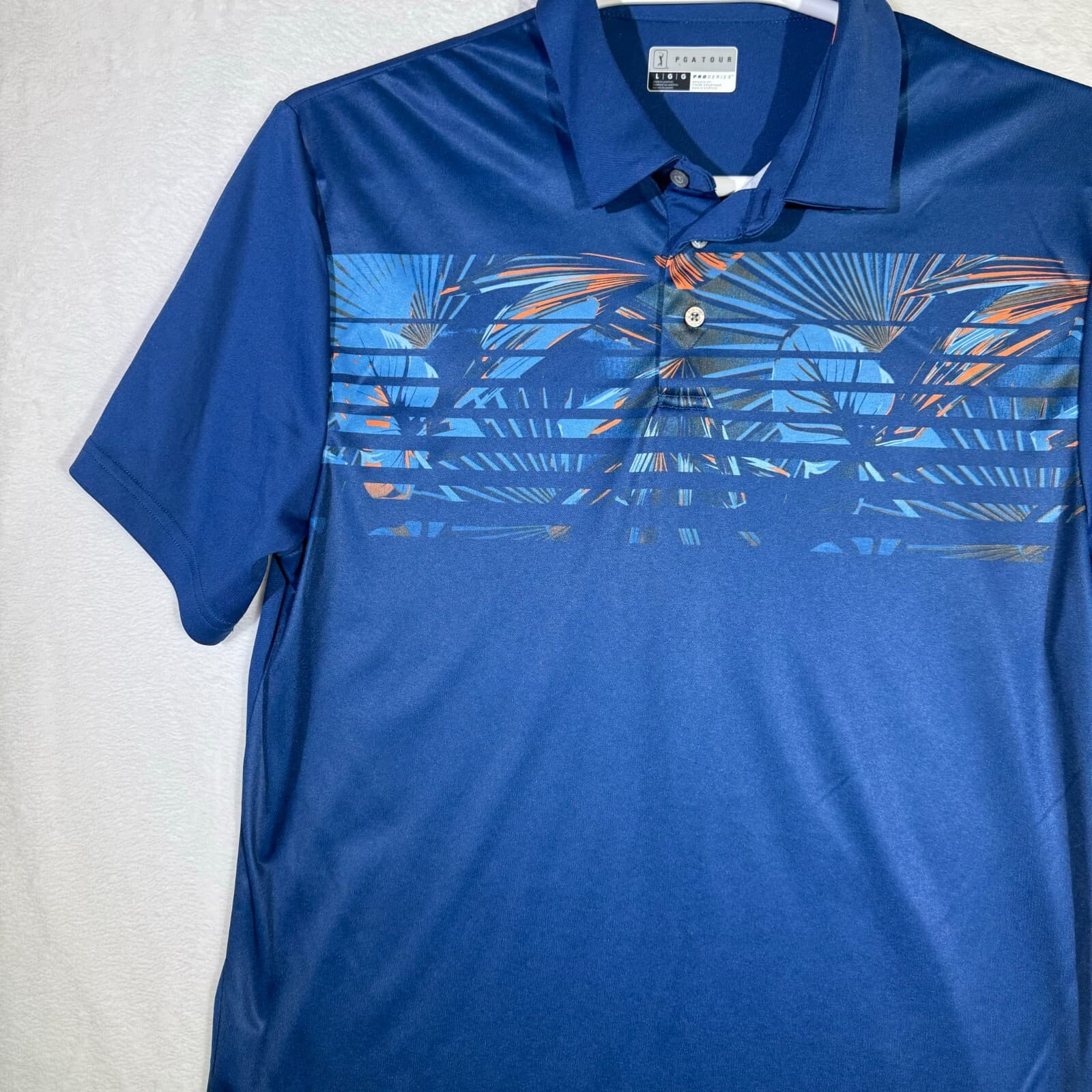 PGA Tour Men’s Polo Shirt L Blue Palm Graphic Athletic Fit Golf Polyester M333 - Thumbnail 4
