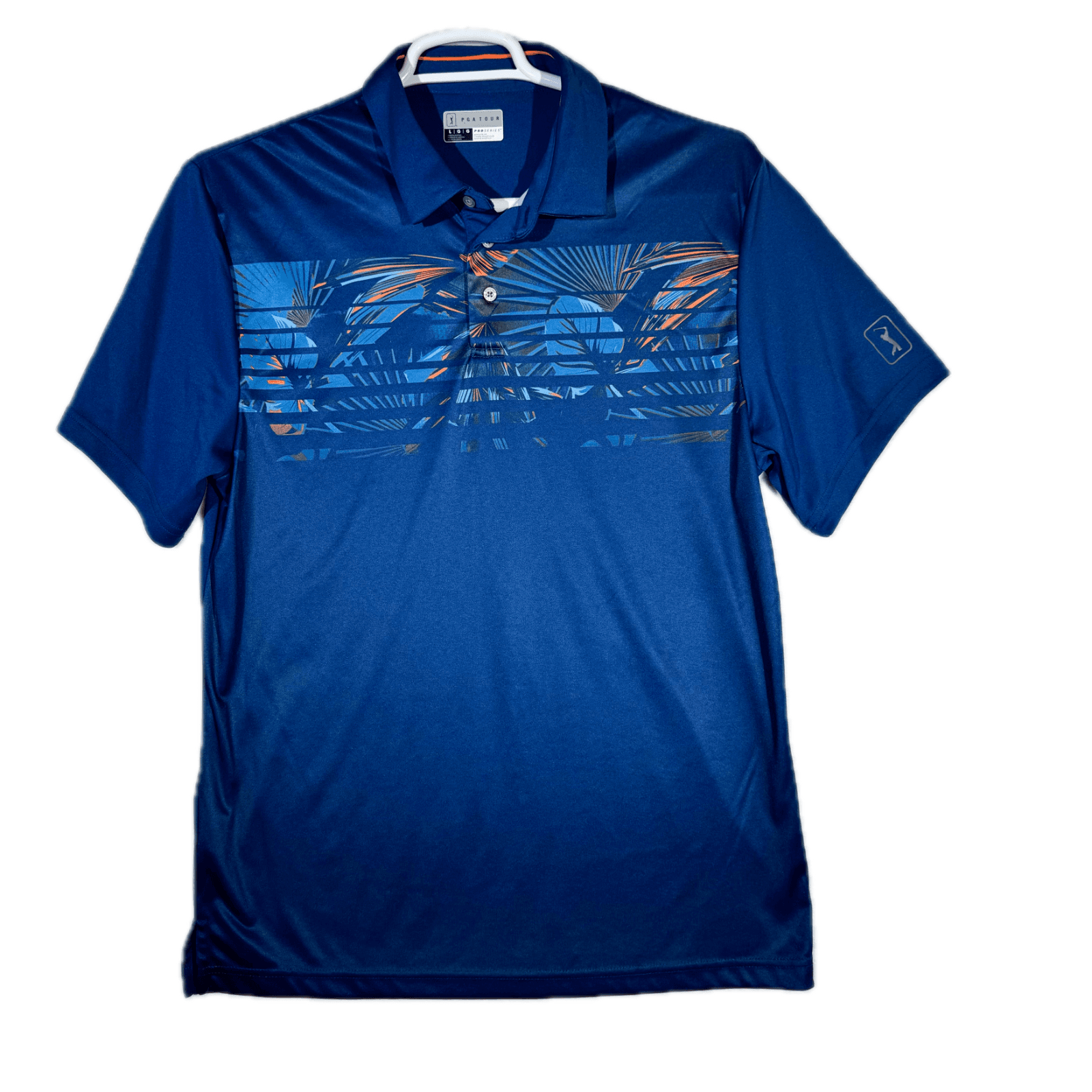 PGA Tour Men’s Polo Shirt L Blue Palm Graphic Athletic Fit Golf Polyester M333 - Image 1
