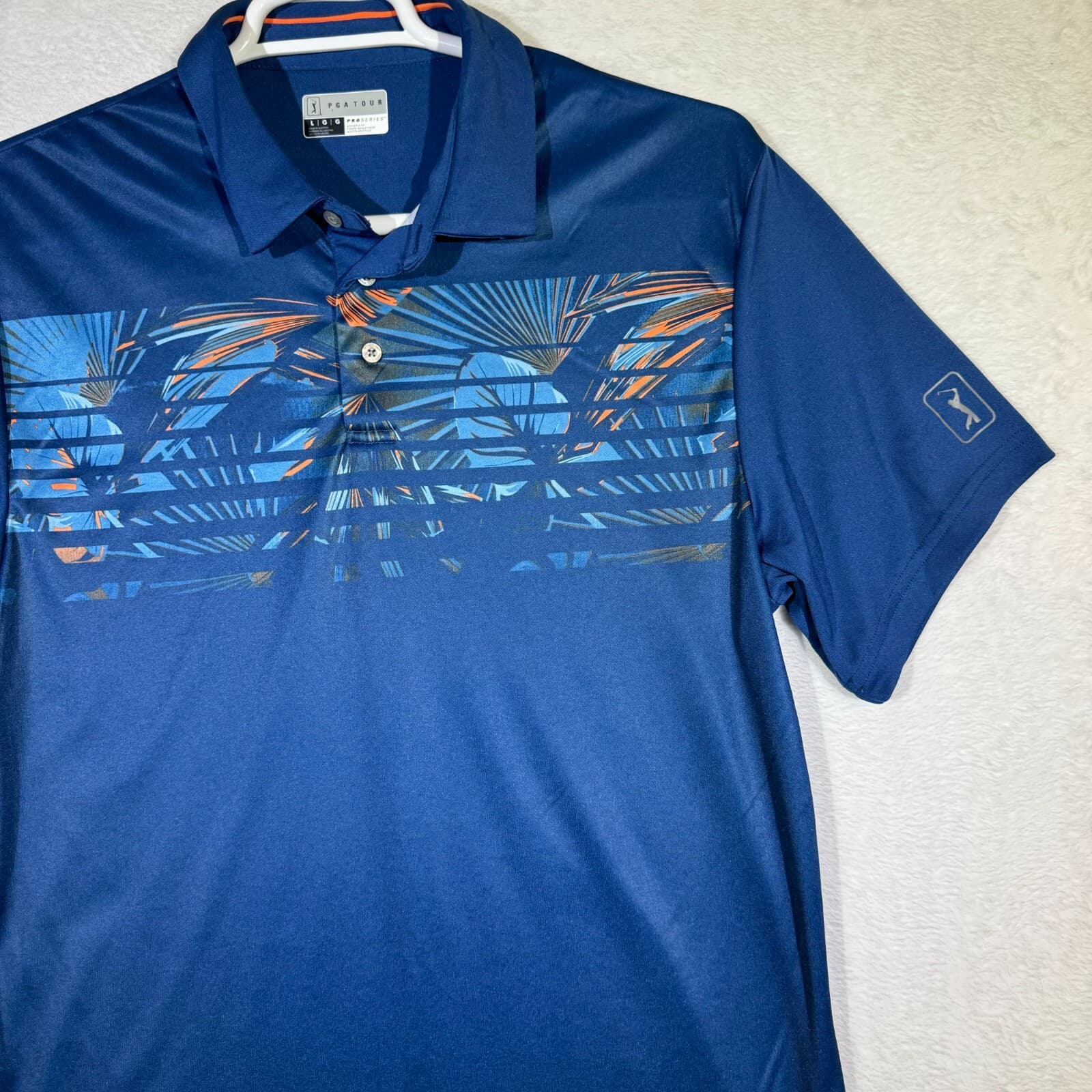 PGA Tour Men’s Polo Shirt L Blue Palm Graphic Athletic Fit Golf Polyester M333 - Thumbnail 6