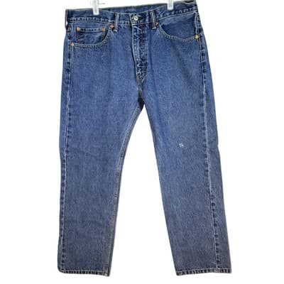 Levis 505 Jeans Mens 36x30 Blue Baggy Fit Medium Wash Distressed Denim Pants - Image 1