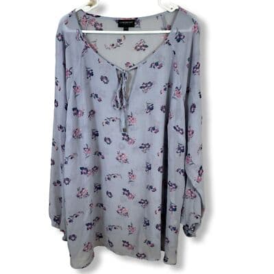 Lane Bryant Plus Light Blue Floral Sheer Blouse with Bow Tie, Size 22 – Excellen - Image 1
