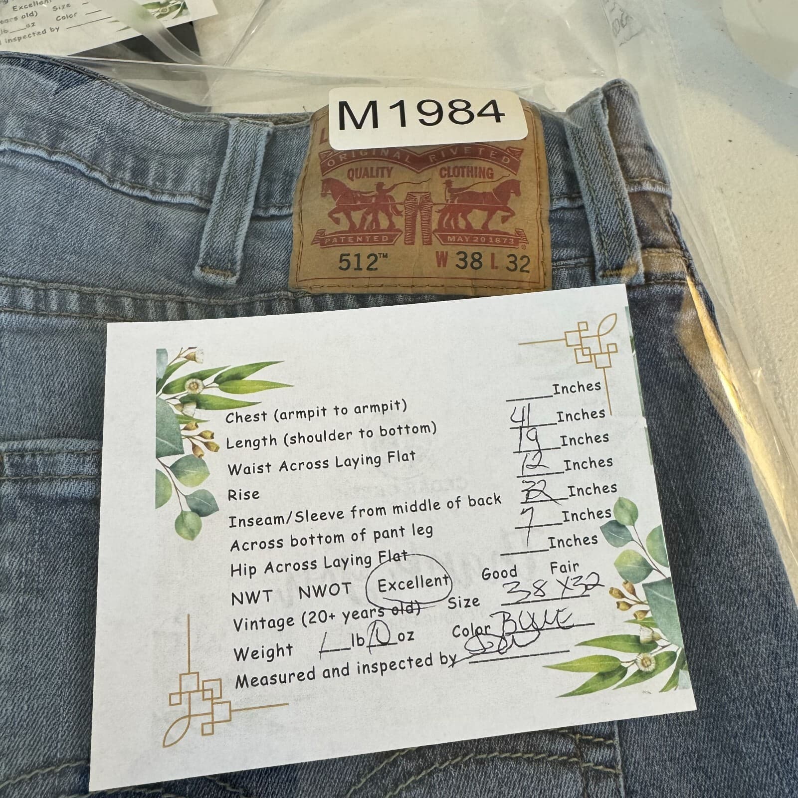 Levis 512 Jeans Mens 38x32 Slim Tapered Blue Stretch Denim Mid Rise Zip Fly - Thumbnail 8