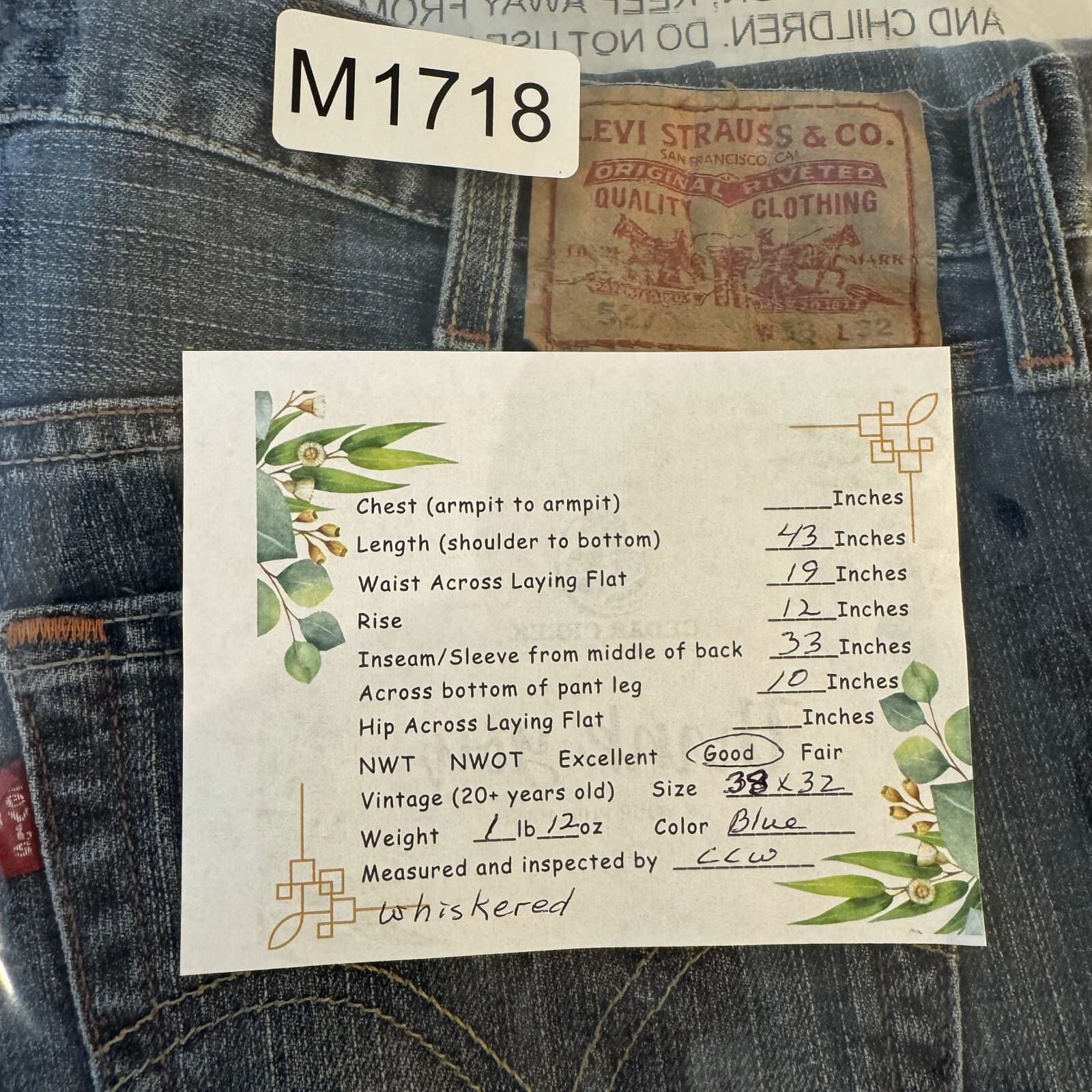 Levi’s 527 Jeans Mens 38x32 Blue Whsikered Boot Cut Mid Rise Denim Zip Fly - Thumbnail 8