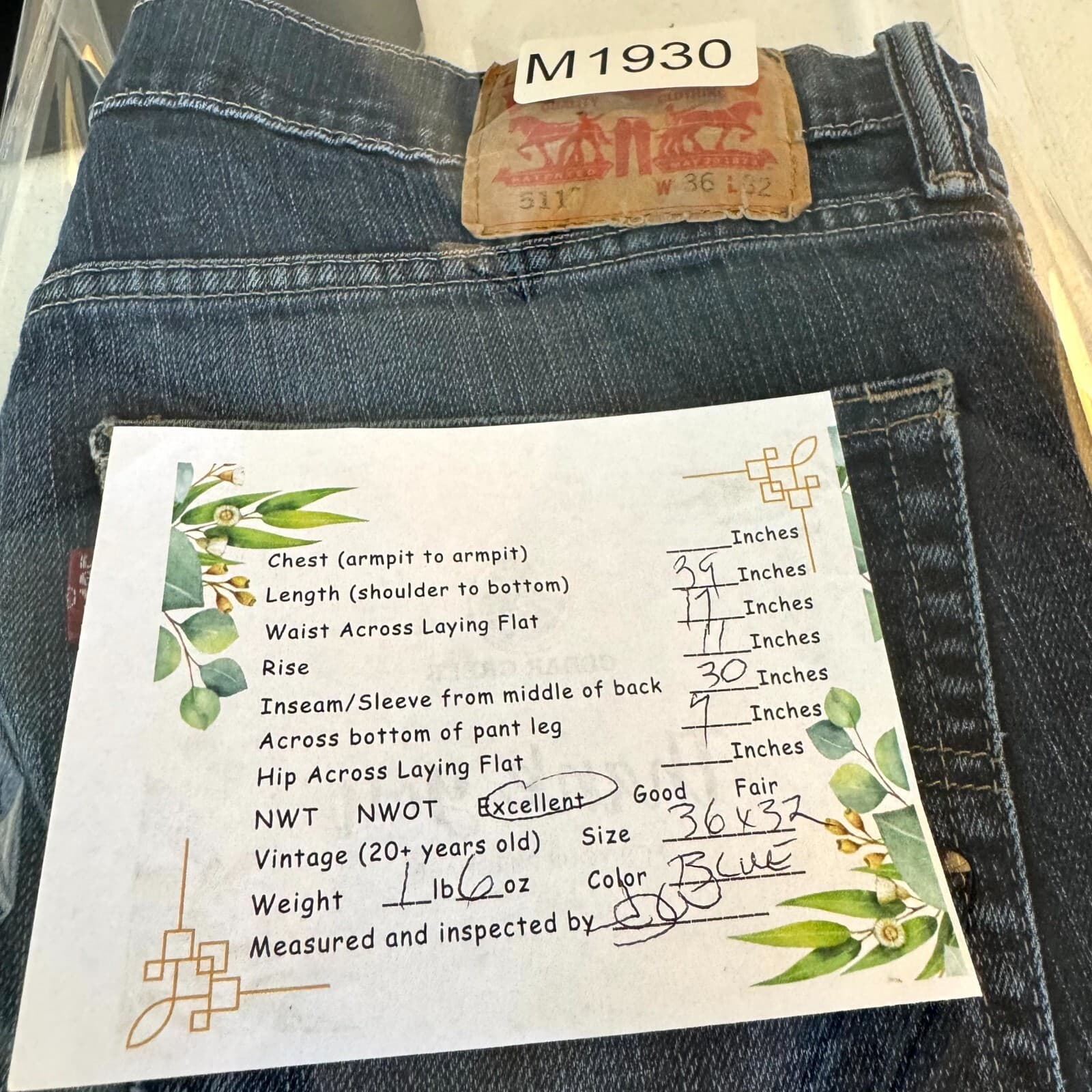 Levi's 511 Slim Jeans Mens 36x32 Blue Stretch Denim Mid Rise Modern Fit Zip Fly - Thumbnail 7