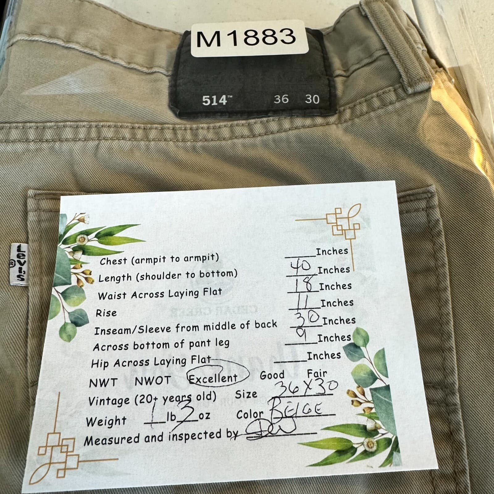 Levi's 514 Men's Jeans 36x30 Beige Denim Straight Fit Zip Fly - Thumbnail 8