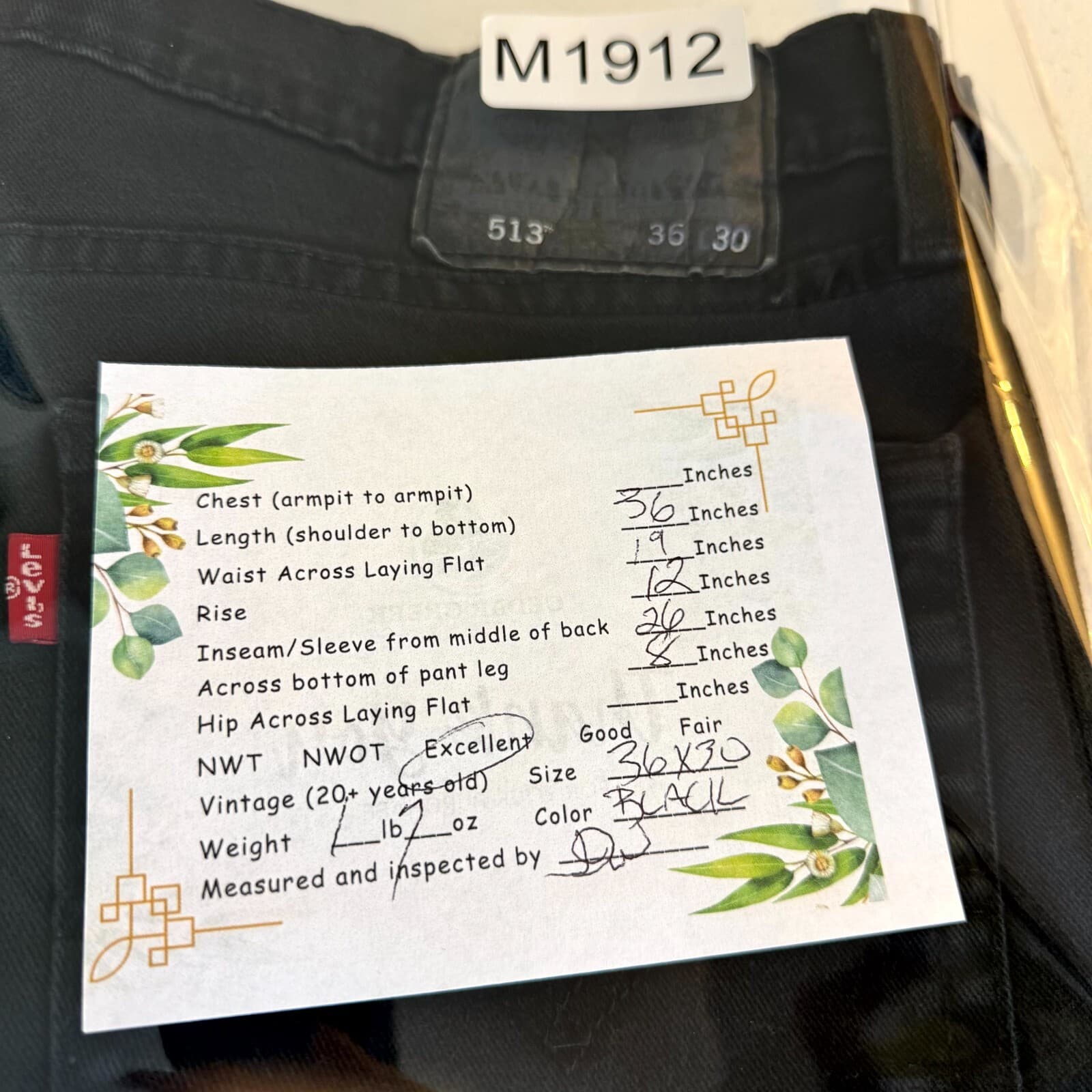 Levi’s 513 Men’s Jeans 36x30 Black Stretch Slim Straight Mid Rise Denim Zip Fly - Thumbnail 8