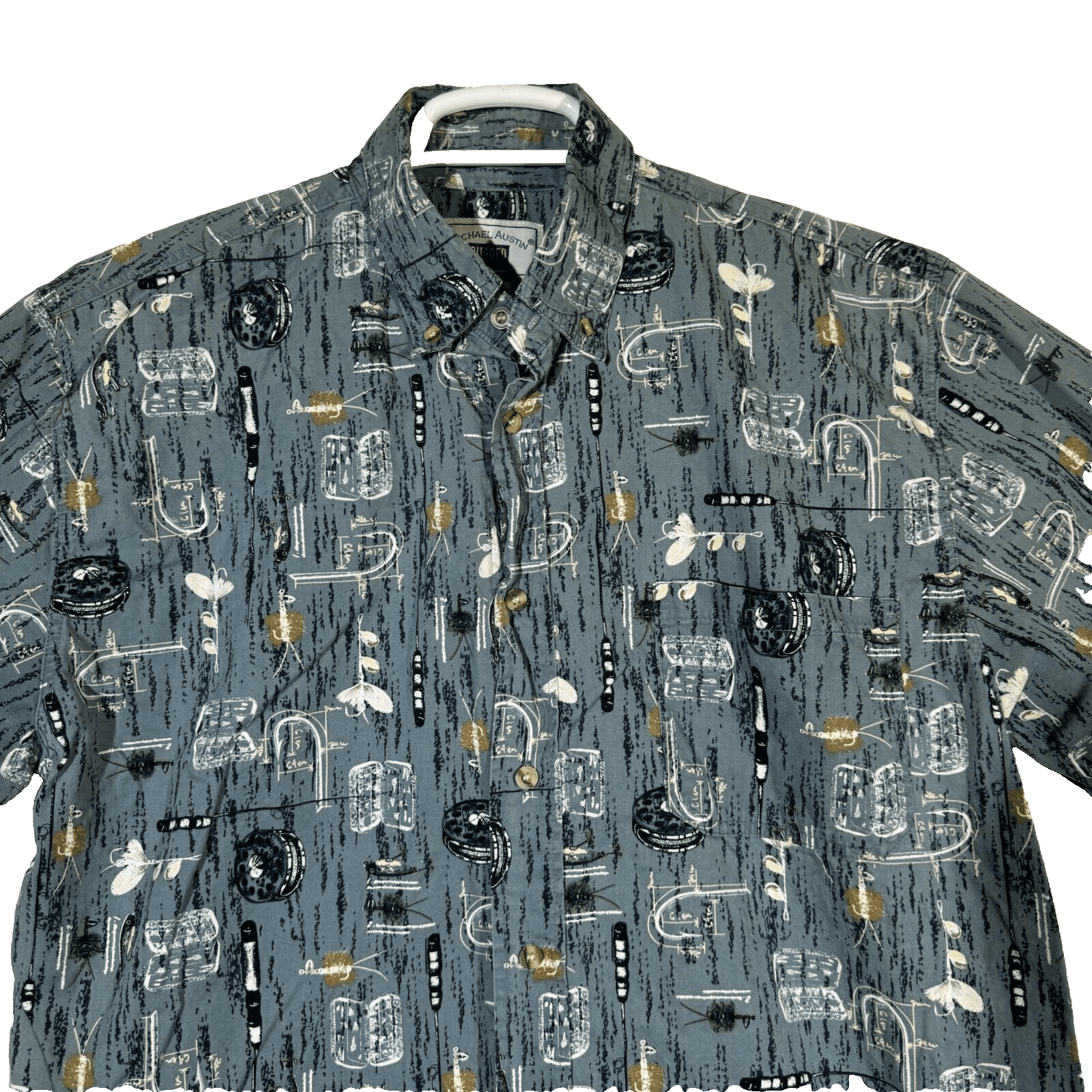 Michael Austin Ruggedwear Men’s Shirt Medium Gray Fishing Print Cotton M210 - Thumbnail 5