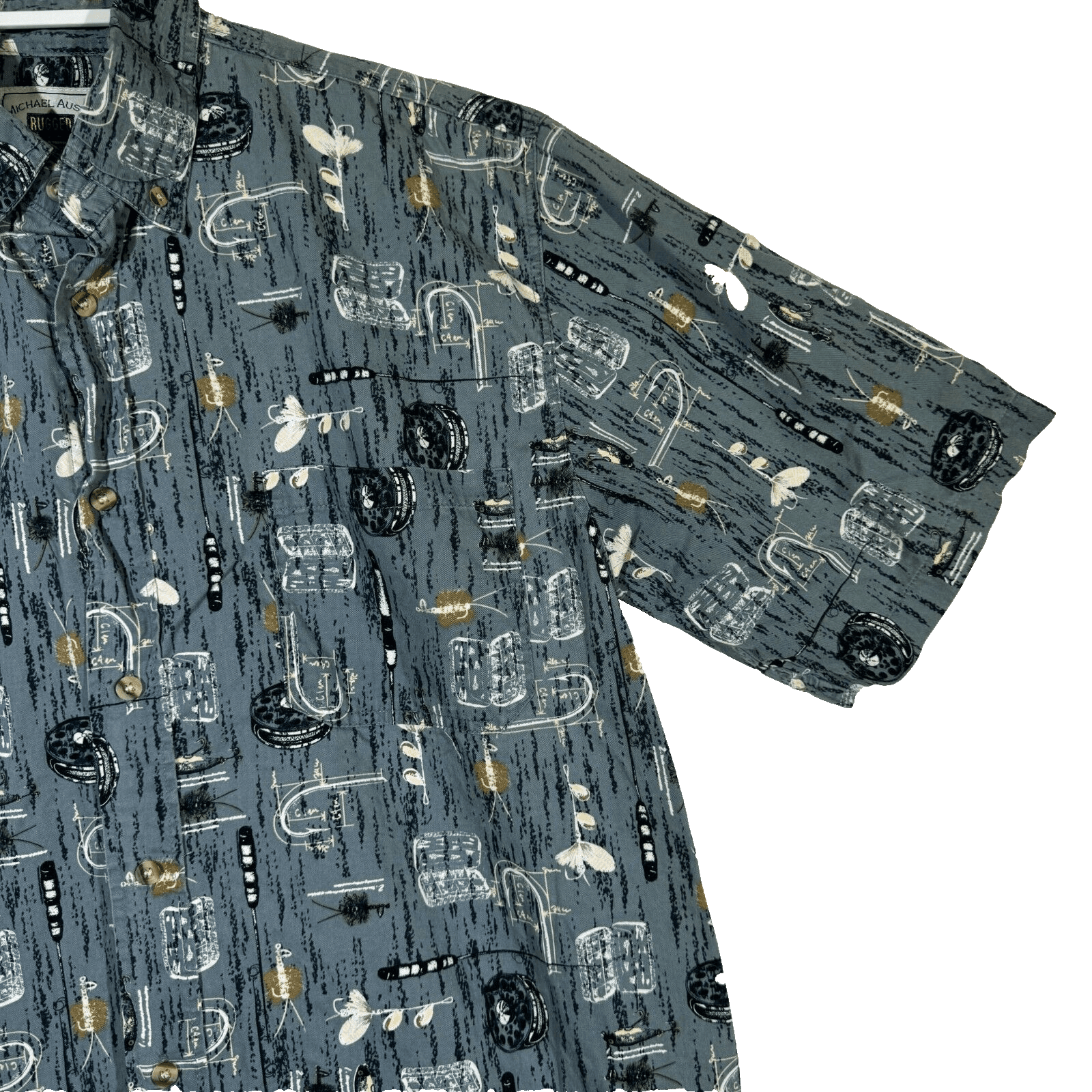 Michael Austin Ruggedwear Men’s Shirt Medium Gray Fishing Print Cotton M210 - Thumbnail 6