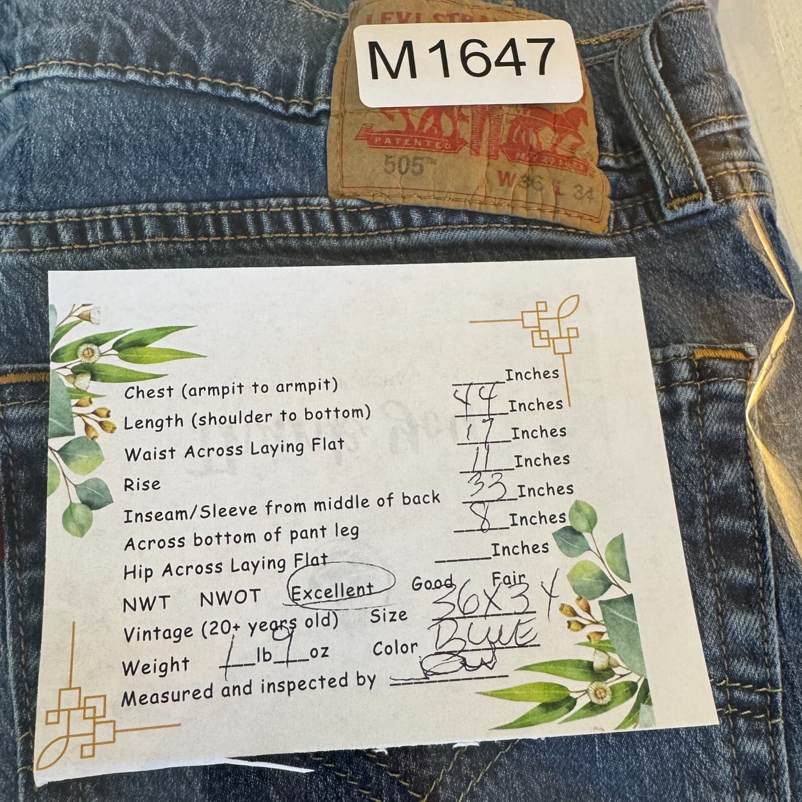 Levi’s 505 Men’s Jeans 36 x 34 Blue Denim Stretch Mid-Rise Straight - Thumbnail 8