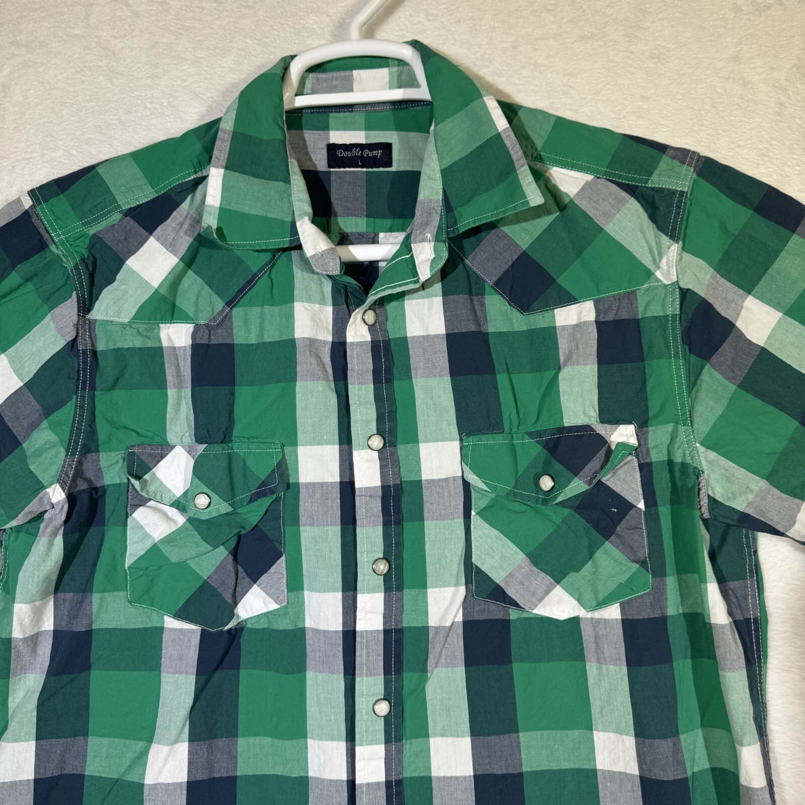 Double Pump Men's Shirt L Green Plaid Western Pearl Snap Short Sleeve Cotton - Thumbnail 5