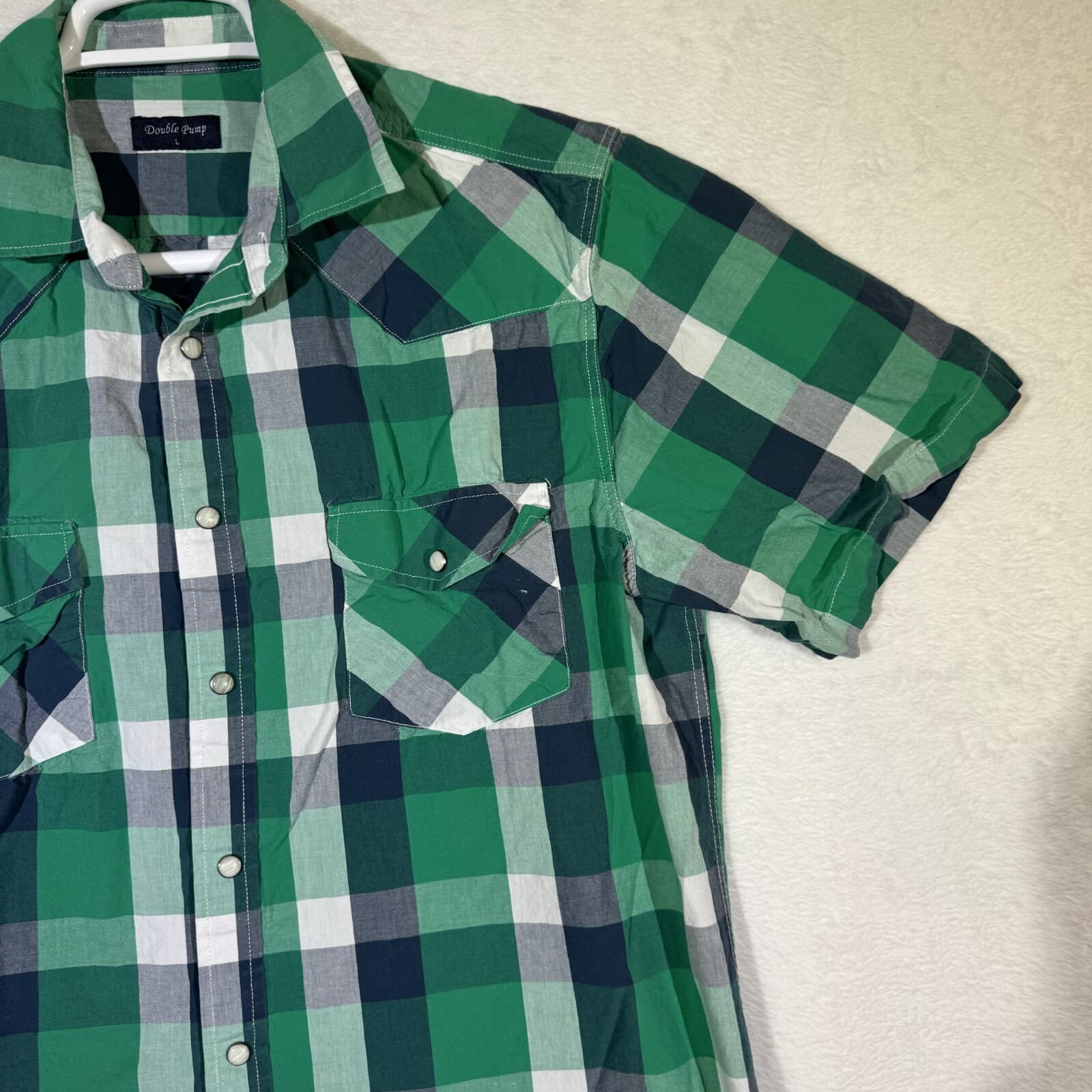 Double Pump Men's Shirt L Green Plaid Western Pearl Snap Short Sleeve Cotton - Thumbnail 6