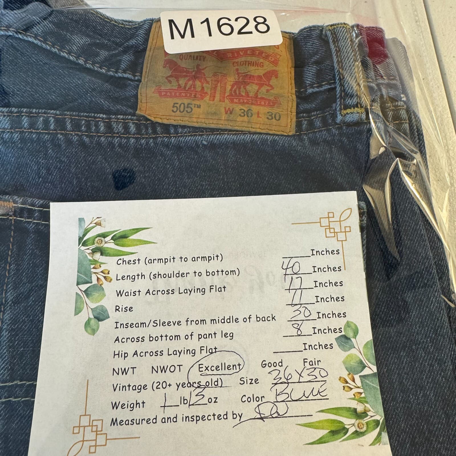 Levi’s 505 Men’s Jeans 36 x 30 Blue Denim Stretch Mid-Rise Straight Leg - Thumbnail 8