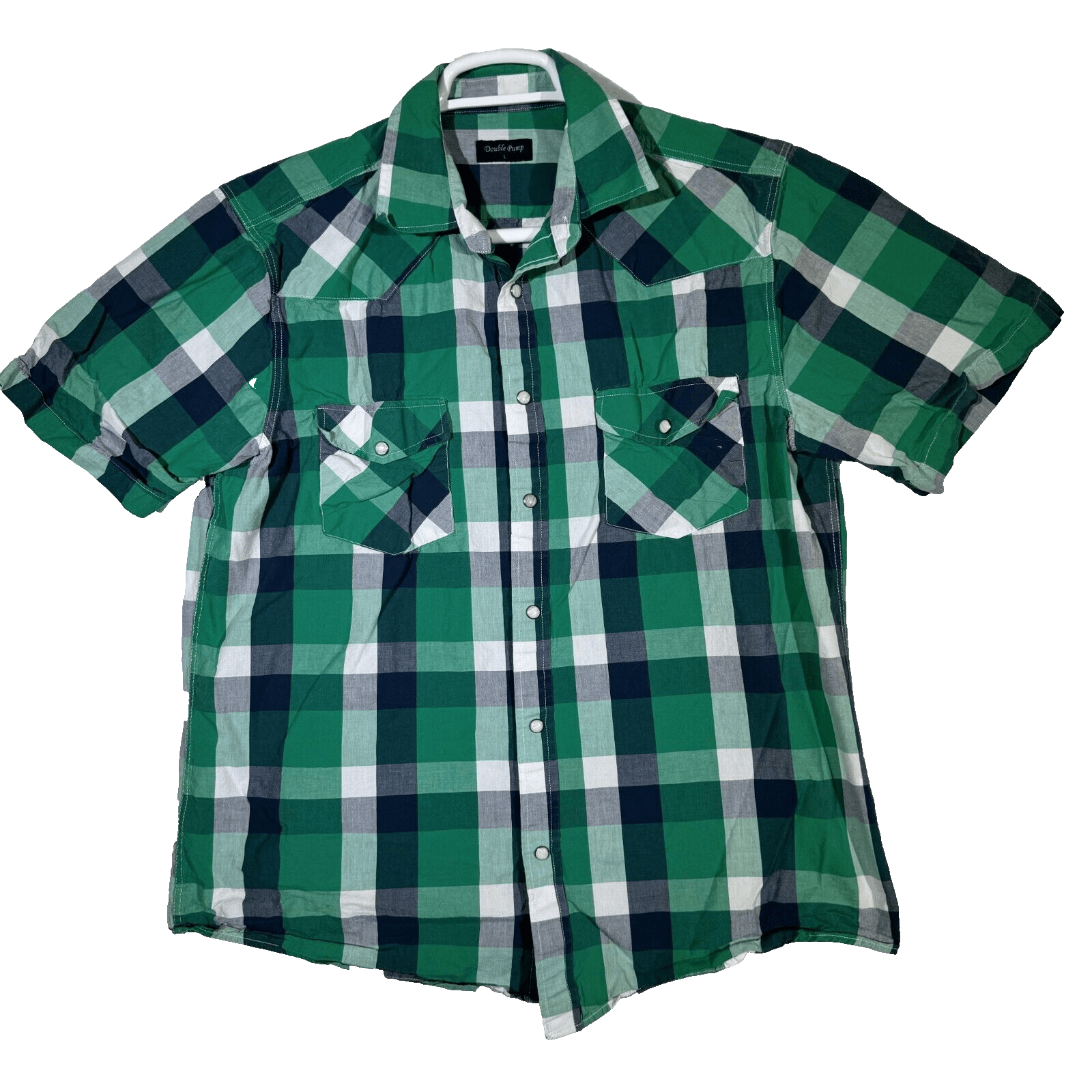 Double Pump Men's Shirt L Green Plaid Western Pearl Snap Short Sleeve Cotton - Image 1