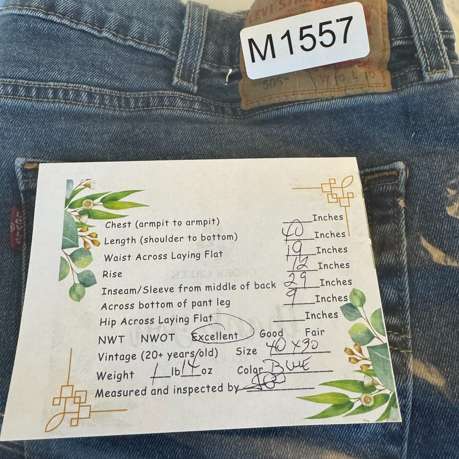 Levi's 505 Men's Jeans 40 X 30 Blue Denim Stretch Mid-Rise Straight Leg - Thumbnail 8