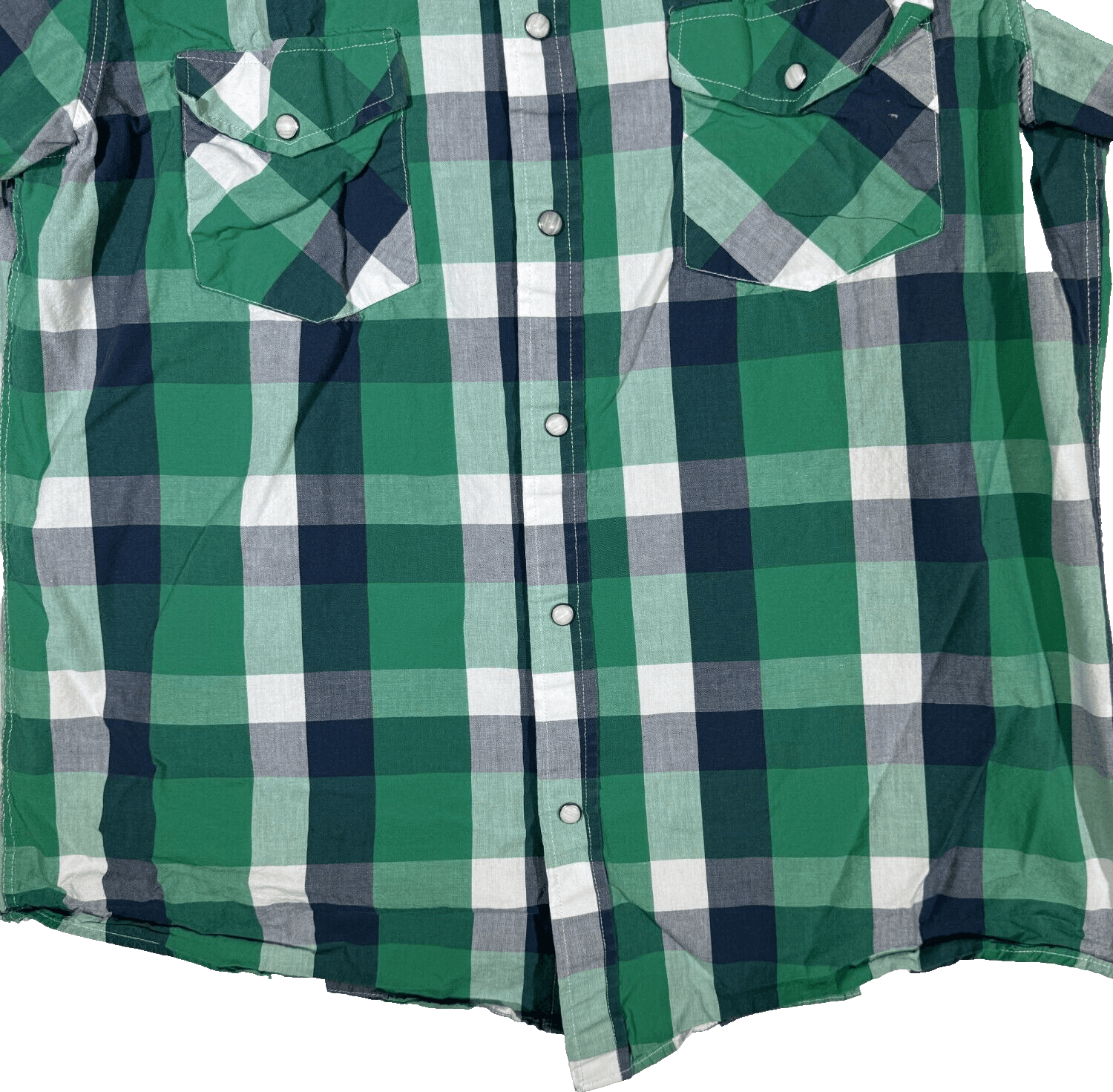 Double Pump Men's Shirt L Green Plaid Western Pearl Snap Short Sleeve Cotton - Thumbnail 3