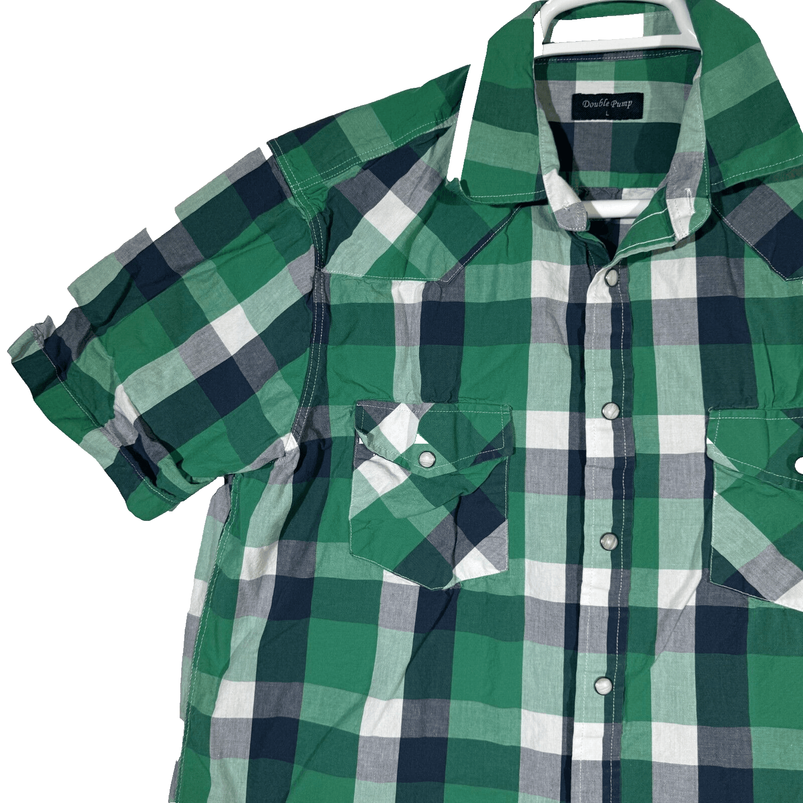 Double Pump Men's Shirt L Green Plaid Western Pearl Snap Short Sleeve Cotton - Thumbnail 4