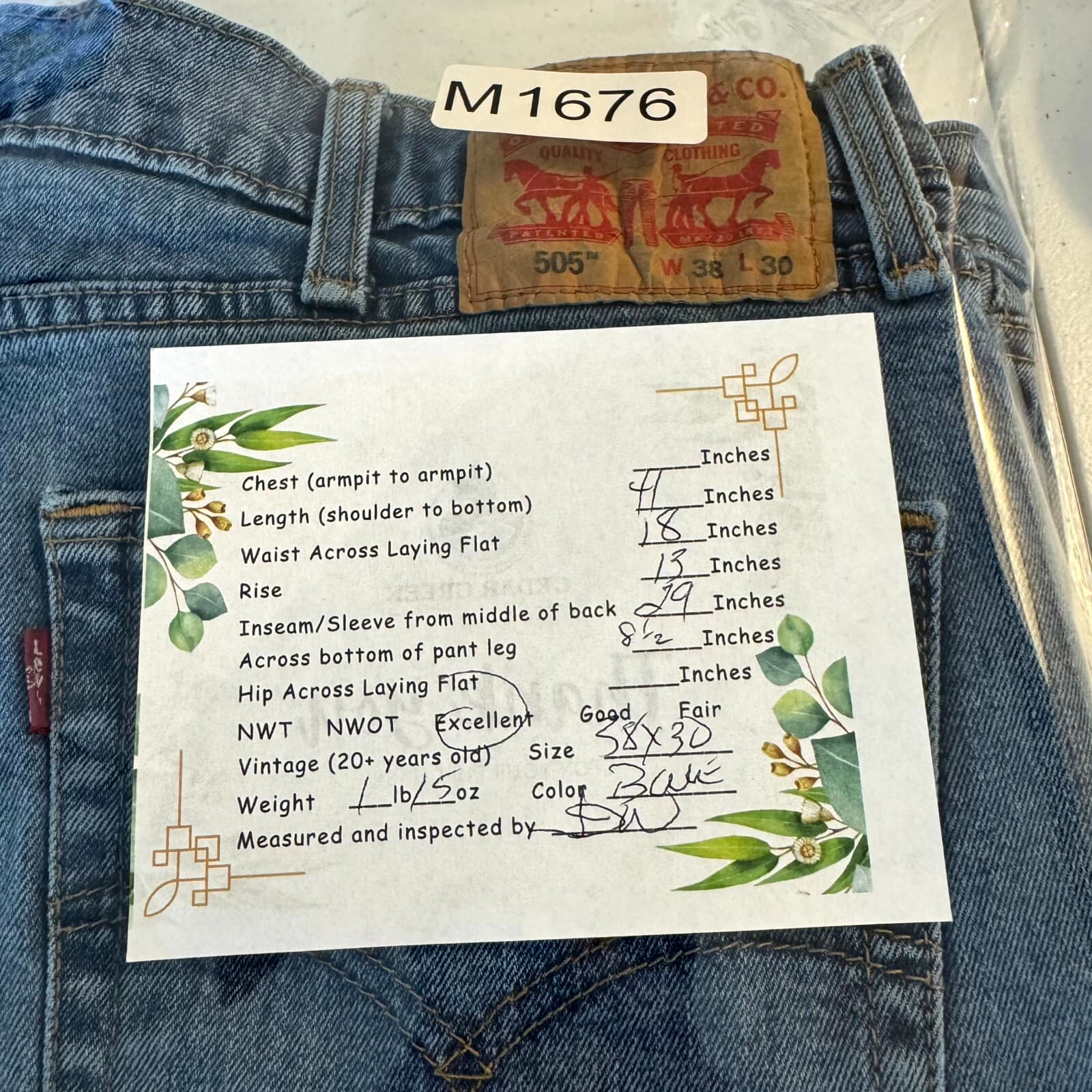 Levi’s 505 Men Jeans 38x30 Blue Denim High Rise Regular Fit Straight Leg - Thumbnail 8