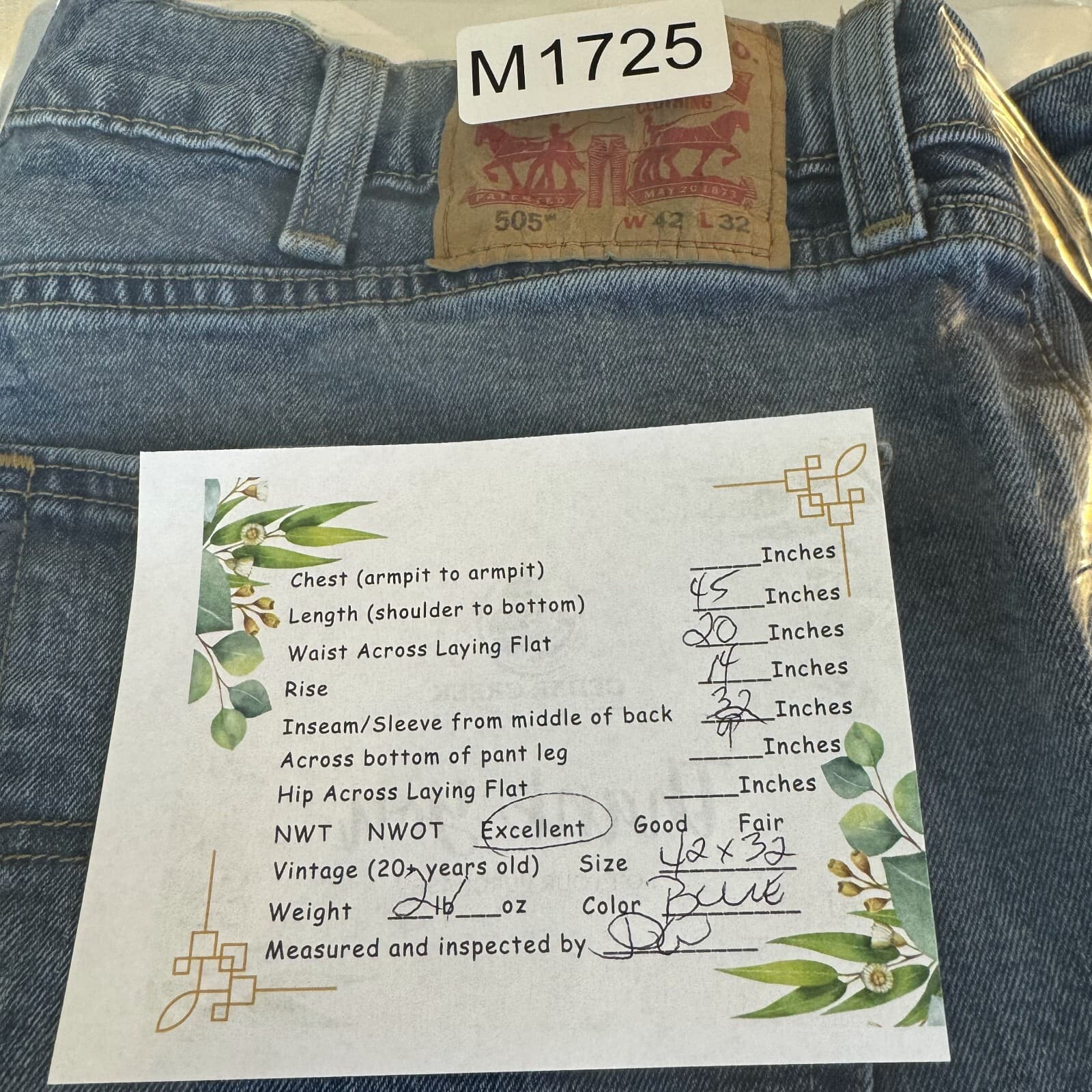 Levi’s 505 Men’s Jeans 42 x 32 Blue Denim Stretch Mid-Rise Straight - Thumbnail 8