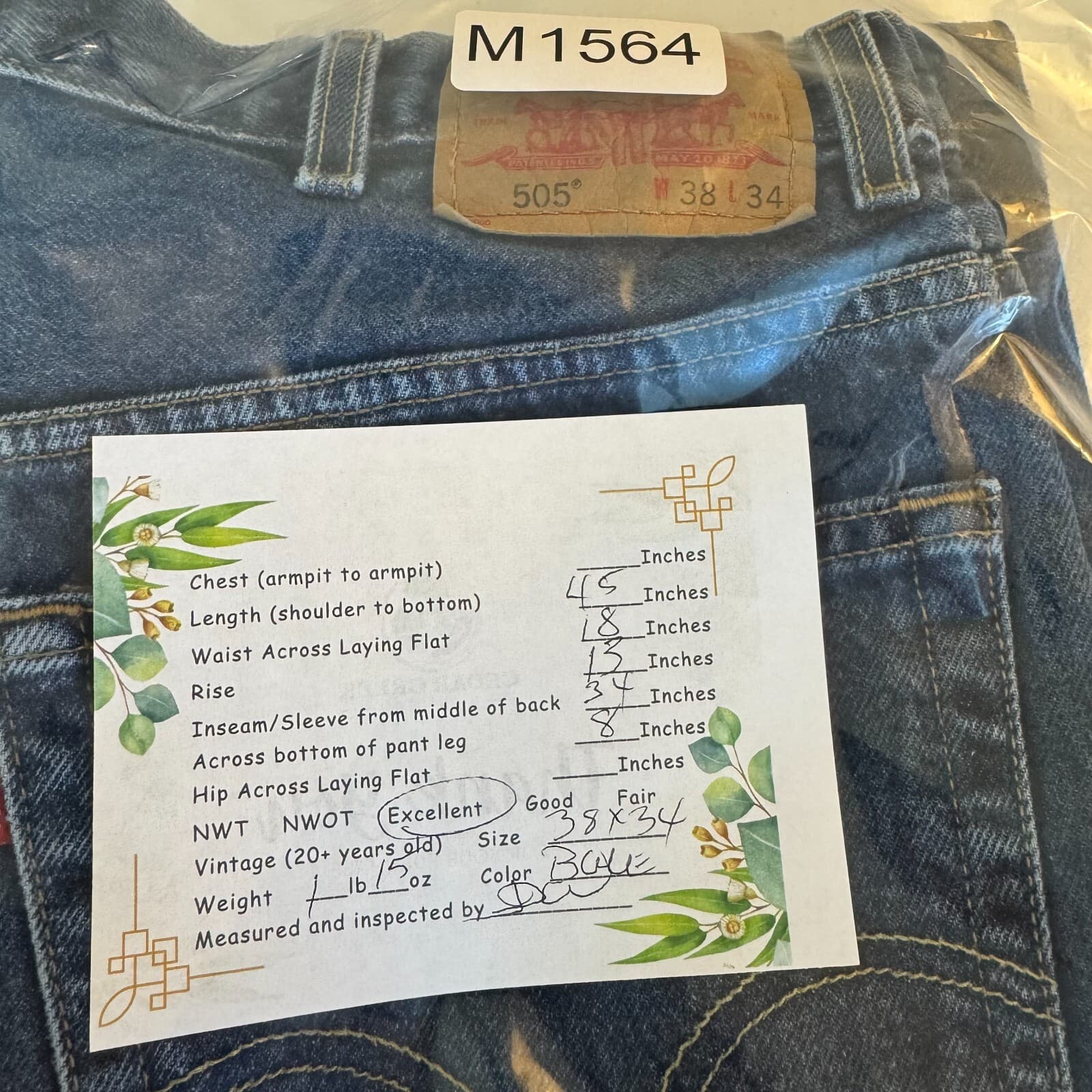 Levi’s 505 Men’s Jeans 38 x 34 Blue Denim Stretch Mid-Rise Straight Leg - Thumbnail 8