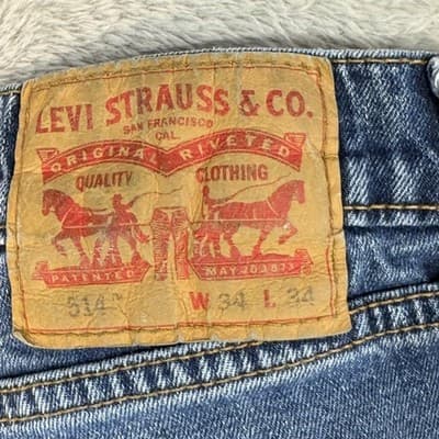 Levis 514 Jeans Mens 34x34 Blue Denim Straight Leg Whiskered Classic Pants - Thumbnail 3