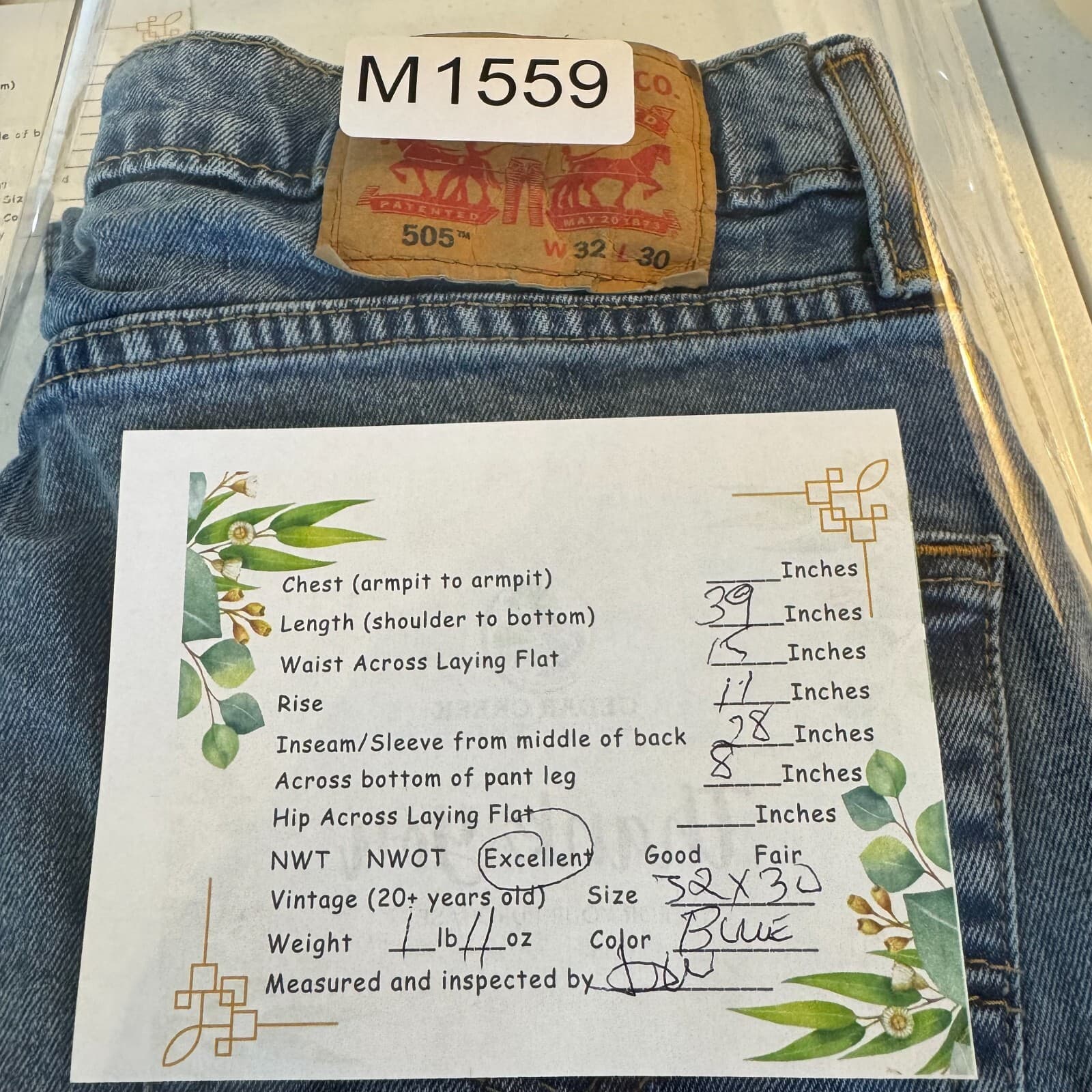 Levi’s 505 Men’s Jeans 32 x 30 Blue Denim Mid-Rise Straight Leg Whiskered - Thumbnail 8