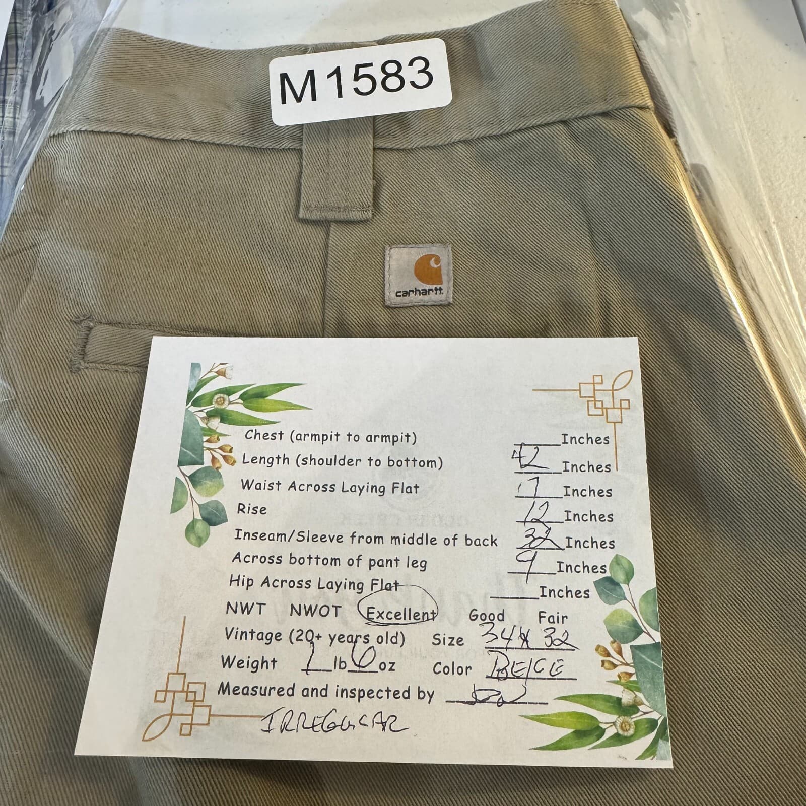 Carhartt Men’s Chino Pants 34x32 Beige 100% Cotton Mid Rise Flat Front - Thumbnail 8