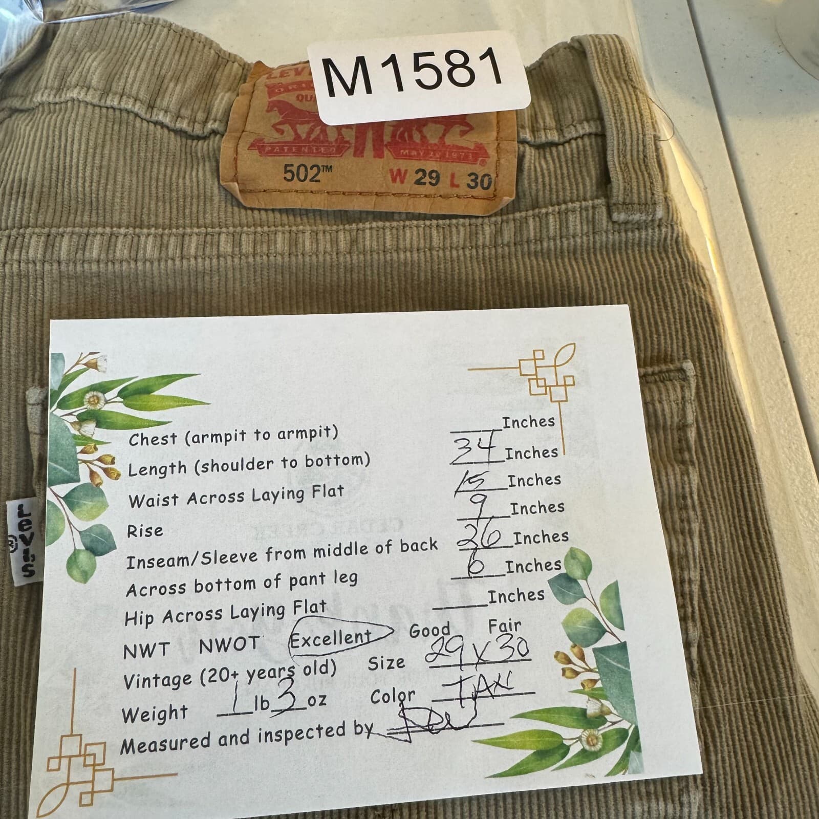 Levi’s 502 Men’s Jeans 29x30 Beige Corduroy Mid-Rise Straight Leg - Thumbnail 8