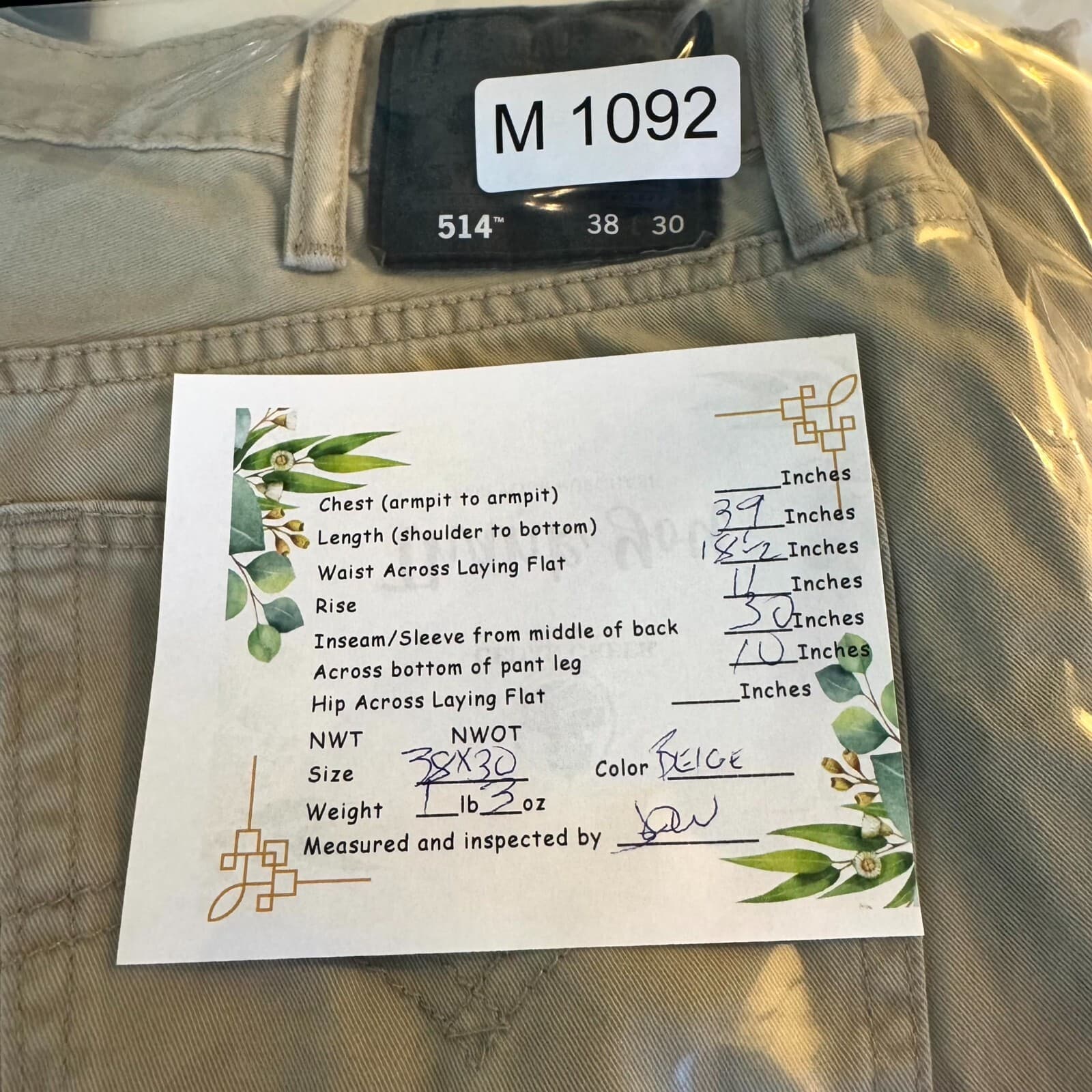 Levi’s 514 Men’s Jeans 38x30 Beige Denim 100% Cotton Mid-Rise Straight - Thumbnail 9