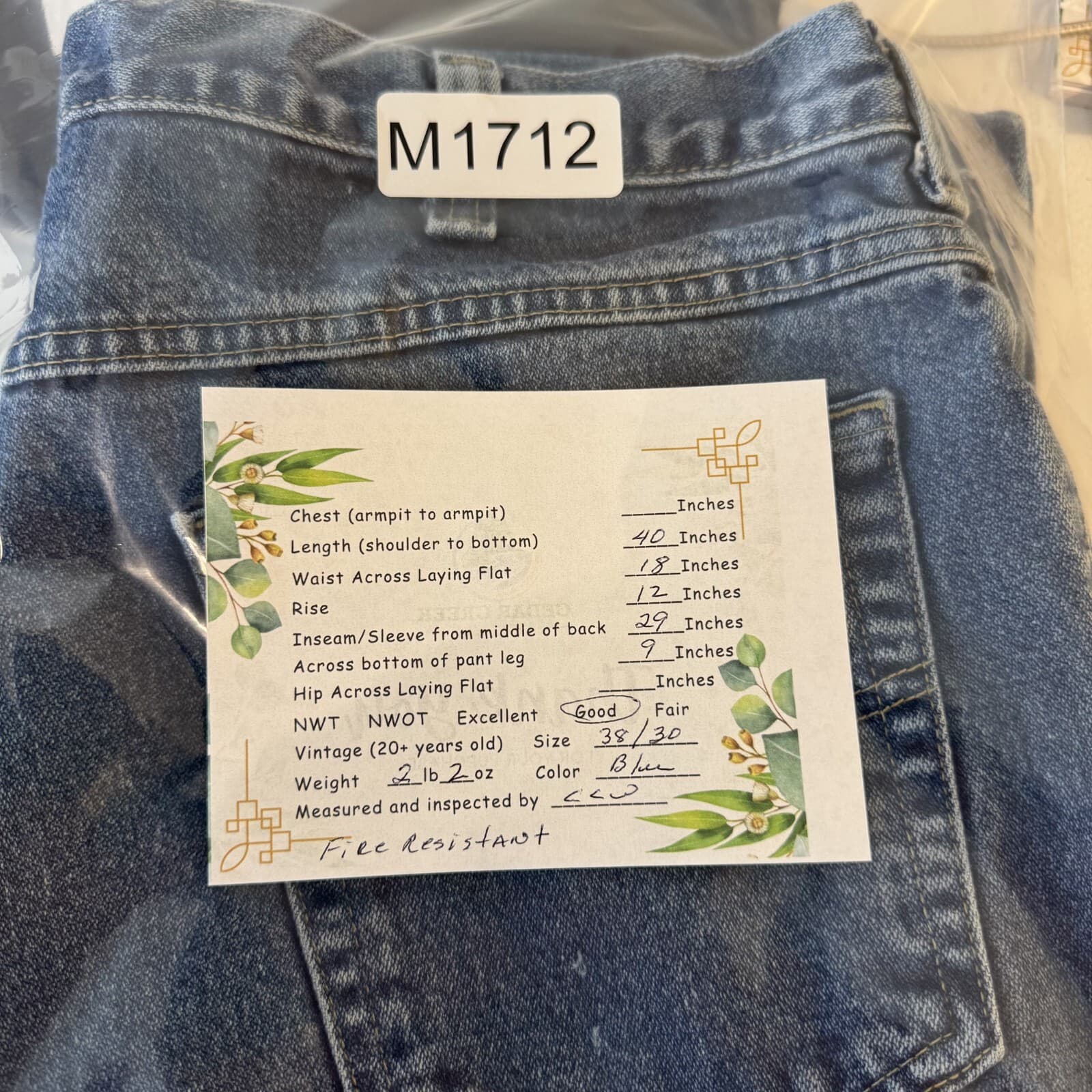 FR Carhartt Men's Jeans 38 X 30 Blue Denim Mid-Rise 5-Pockets Straight Leg M1712 - Thumbnail 8