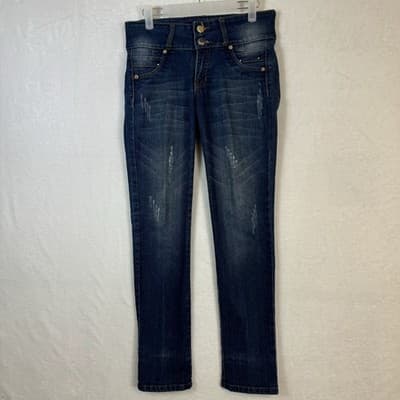 Womens High Waist Distressed Embellished Jeans Blue Skinny Leg Size 10 - Image 1